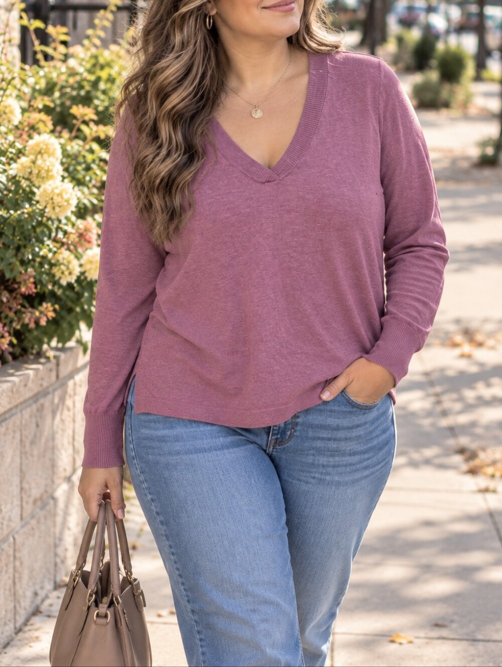 Reitmans Mauve V-Neck Long Sleeve Knit Top Cotton Blend Soft Casual Minimalist